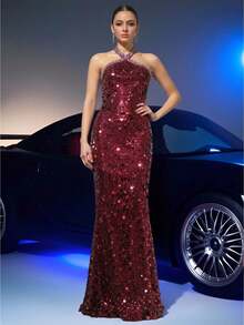 NIKBK Burgundy Halter-Neck Sequined Mermaid Gown, Fitted Long Dress With Rhinestone Trim, Shimmering Texture For Evening Parties. - Burgundy - View 1