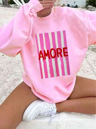 AMORE 条纹百搭度假运动衫，女式落肩高品质圆领长袖休闲运动衫，秋季女式返校季服装