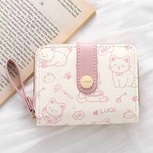 Cute Petite Cat Design Wallet, Women's Small Zipper Purse With Card Holder, Fresh Japanese Style - Bụi hồng - Xem 1