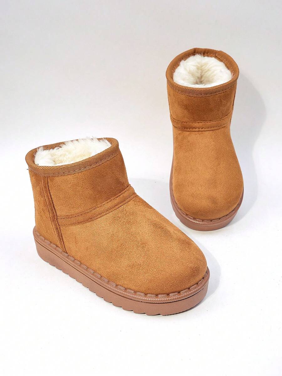 1 Pair Of Children's Snow Boots With Brown, Black, Pink Plush Lining And Suede Lining For Warmth And Anti Slip. Short Top, Flat Heel, Simple, Casual, Comfortable And Fashionable. Children's Snow Boots For Winter Holiday Travel - Brown - View 1