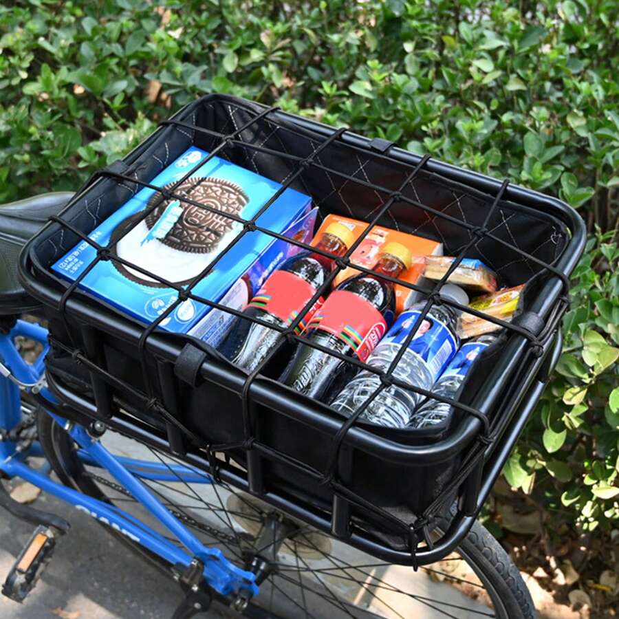 Nuestra cesta trasera, hecha de material metálico sólido y resistente para soportar 30 kg / 66 libras, mide 17x13 X6 pulgadas y es adecuada para llevar comestibles, loncheras, amigos Peludos y otros artículos. nuestra cesta trasera está equipada con todos los componentes necesarios para instalarse de forma rápida y fácil en la mayoría de bicicletas y bicicletas eléctricas. el revestimiento negro y la red de carga evitan que sus artículos caigan, asegurando que sus artículos estén seguros al montar. nuestro conjunto de cesta trasera para bicicletas incluye una canasta metálica, un revestimiento negro, una red de carga y un conjunto de accesorios de instalación. - Negro - Ver 1