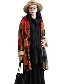LUZU JUNU Women's Trench Coat Floral Print Long Cotton Linen Jacke Cottagecore Clothing Patchwork Outwear Bohemian Unique - 黃色夾克毛絨襯裡 - 查看 8