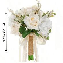 1支手持人造玫瑰花束，白色和香槟色，新娘和伴娘装饰（白色/香槟色，常规尺寸）