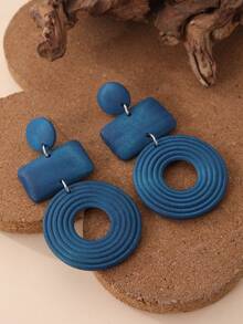 Natural Geometric Wooden Patchwork Long Earrings, Suitable For Beach, Party, Travel, Holiday, Daily Wear And Gift - Navy Blue - View 4