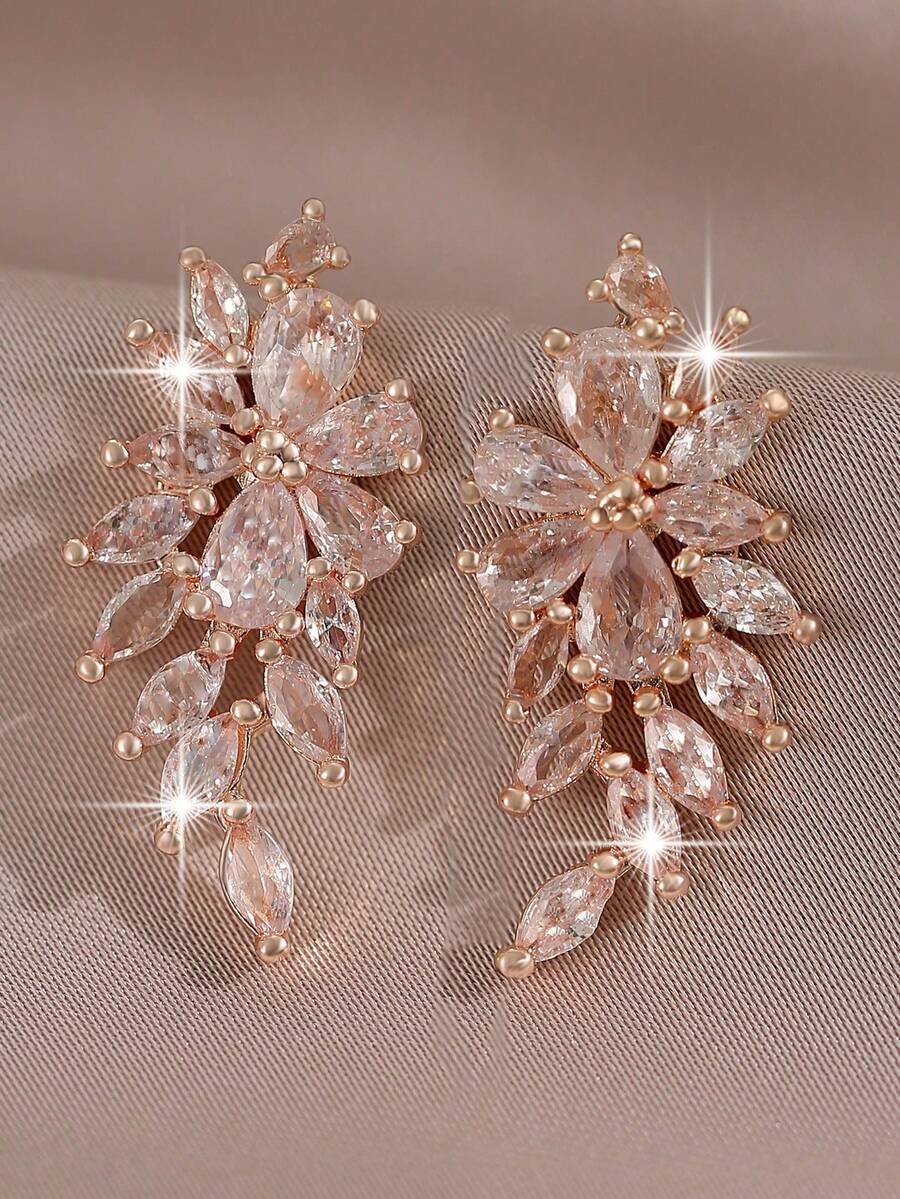 1 Pair Luxury Floral Cubic Pendant Earrings, Bridal Wedding Jewelry Gift For Girlfriend - Rose Gold - View 1