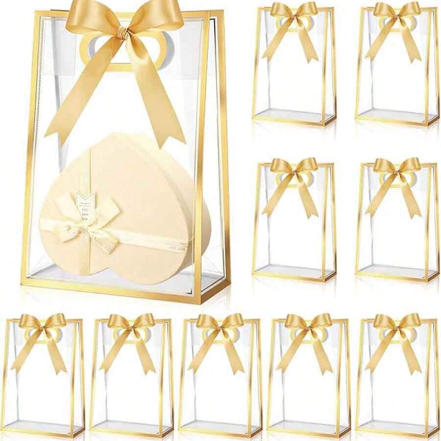1/4/12 túi quà trong suốt có ruy băng, thích hợp cho tiệc mừng em bé chào đời, lễ tốt nghiệp, đám cưới, tiệc cô dâu, sinh nhật, tiệc tùng, kinh doanh, Kích thước: 7x10x3.15 inch (Giấy nhũ vàng) - Nhiều màu-Vàng - Xem 1