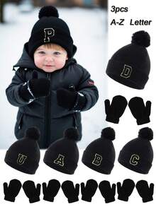 Bộ 3 món mũ và găng tay len dệt kim 26 chữ cái cho bé, mũ len mùa đông mềm mại cho bé trai và bé gái, có quả bông, găng tay cho trẻ sơ sinh, thích hợp cho bé mặc hàng ngày ngoài trời vào mùa thu/đông. - màu đen - Xem 1