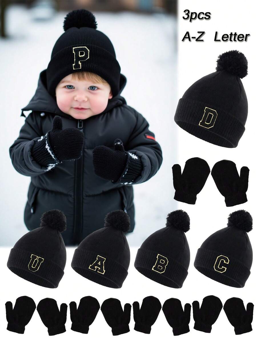 Bộ 3 món mũ và găng tay len dệt kim 26 chữ cái cho bé, mũ len mùa đông mềm mại cho bé trai và bé gái, có quả bông, găng tay cho trẻ sơ sinh, thích hợp cho bé mặc hàng ngày ngoài trời vào mùa thu/đông. - màu đen - Xem 1