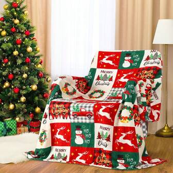 1pc Christmas Theme Super Soft Fleece Blanket, Featuring Reindeer, Snowman, Christmas Tree, Wreath Printed Pattern, Flannel Fabric, Warm And Cozy, Practical For Bedroom, Living Room, Christmas Decor, Office Nap, Camping Picnic, Red Blanket