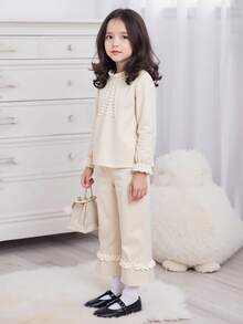 Conjunto de camisa de manga larga con cuello de volantes con cuentas y pantalones anchos de pierna ancha con dobladillo de volantes para niñas - Albaricoque - Ver 8