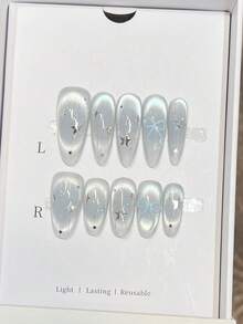 10 piezas de uñas usables hechas a mano puras con forma de uña ovalada mediana, uñas con diseño de lazo de ojo de gato de color degradado rosa pintado a mano, uñas simples de alta calidad, uñas postizas