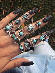 1 pezzo Ritratto di donna vintage, Croce, Cuore, Motivo Mano di Fatima Set di 15 anelli, Gioielli di moda da donna, Anelli cubici di zirconia minimalisti e delicati