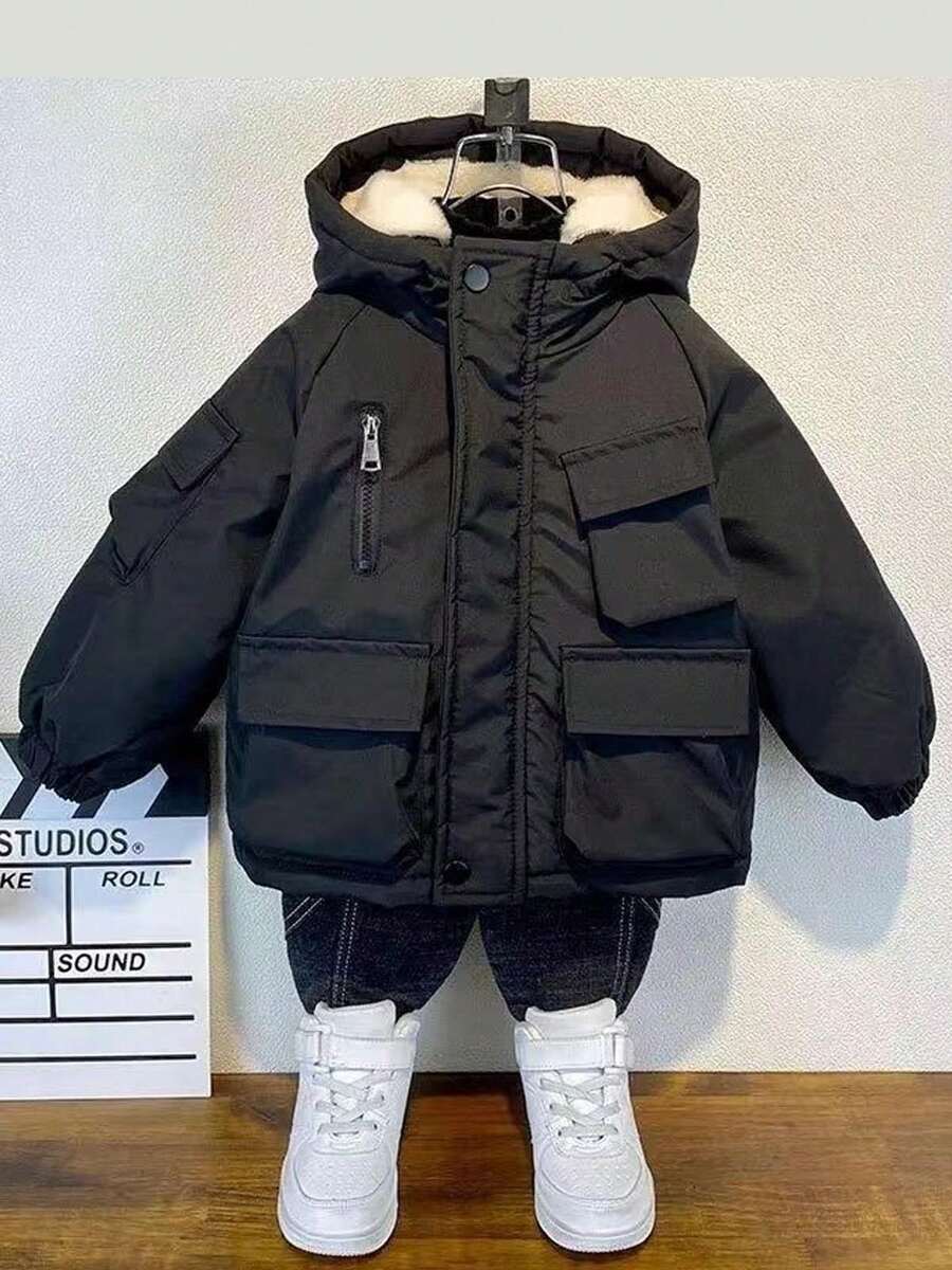 Young Boys Winter Coats - Black Three-dimensional Pocket Plus Velvet Cotton Coat - View 1