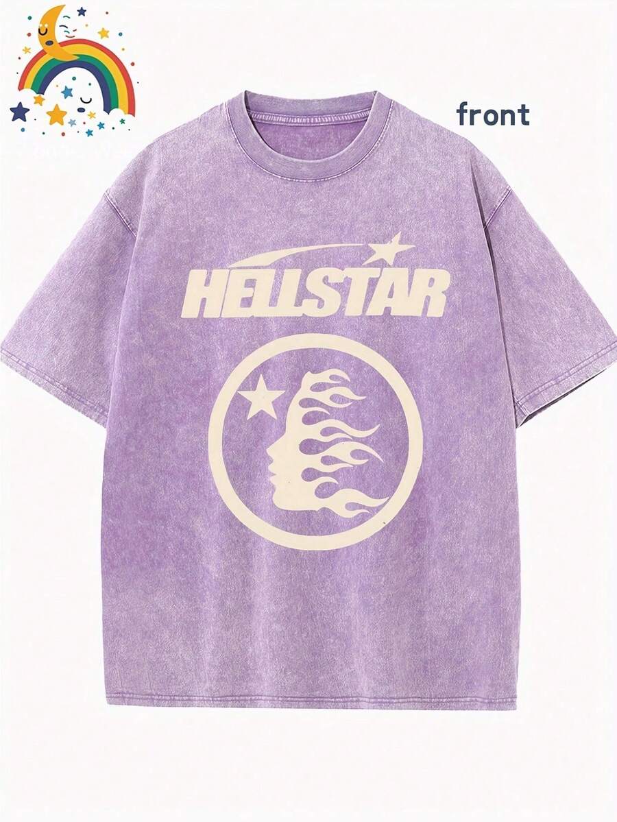 Star Pattern And "" Letter Print Men'S Summer Loose Fit Short Sleeved Washed Vintage 230g Pure Cotton Comfortable Breathable Casual Street Round Neck T-Shirt - Màu tím - Xem 1