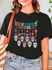 Camiseta de Cuello Redondo Impresa del Día de los Muertos, Estilo del Día de los Muertos Mexicano, Impresión de Calavera Colorida, Top Casual de Manga Corta para Mujeres de Primavera Verano, Camiseta para Damas, Lavable a Máquina - Negro - Ver 1