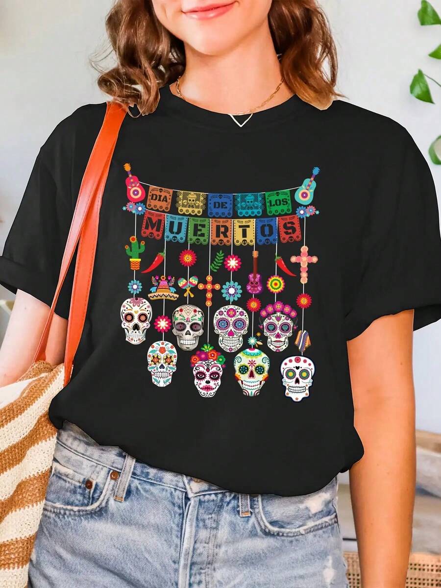Camiseta de Cuello Redondo Impresa del Día de los Muertos, Estilo del Día de los Muertos Mexicano, Impresión de Calavera Colorida, Top Casual de Manga Corta para Mujeres de Primavera Verano, Camiseta para Damas, Lavable a Máquina - Negro - Ver 1