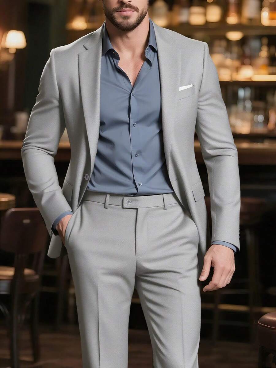 Men's Suits, Men's Business Casual Style, Including Solid-Color Suit Jackets And Trousers. Elegant Men's Suits, Suitable For Work Commuting, Casual Occasions, Weddings, Dances, And Business Venues. - Xám - Xem 1
