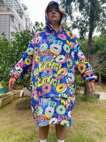 1pc Thick Flannel Single Layer Hoodie With High Permeability Printing, Adult Wearable Blanket With Sweet Donut, Leopard, Fruit Patterns, Warm And Windproof Loungewear For Autumn/Winter