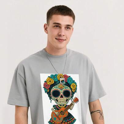 Playeras Hombre Estampado Calavera con Flores y Guitarra Tradicional Mexicana Día de Muertos Camiseta de manga corta con cuello redondo y estampado gr