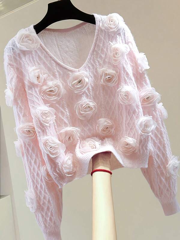 Plus Size Women's Knitted Pullover, V-Neck Long Sleeves, Rose Appliques, Simple And Fashionable Versatile Casual Style, Suitable For Daily Autumn And Winter Commuting Wearing Cute Sweater