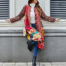 LUZU JUNU Women's Trench Coat Floral Print Long Cotton Linen Jacke Cottagecore Clothing Patchwork Outwear Bohemian Unique - 黃色 - 查看 4