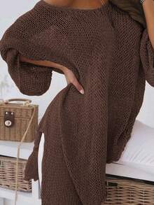 大码纯色圆领休闲宽松侧开衩不对称下摆针织套头毛衣 春季 - 咖啡棕 - 查看 1