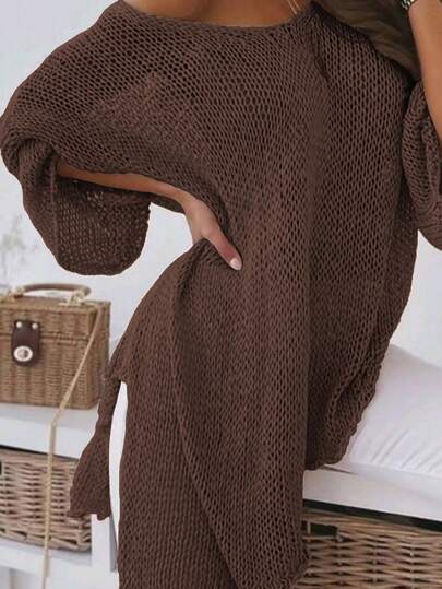 Plus Size Solid Color Round Neck Casual Loose Side Slit Asymmetrical Hem Knit Pullover Sweater