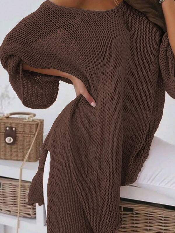 Suéter de malha plus size, cor sólida, gola redonda, casual, solto, fenda lateral, bainha assimétrica