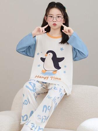 Set de 2 piezas de ropa de estar en casa ignífuga con estampado de pingüino de dibujos animados para niñas, para otoño/invierno