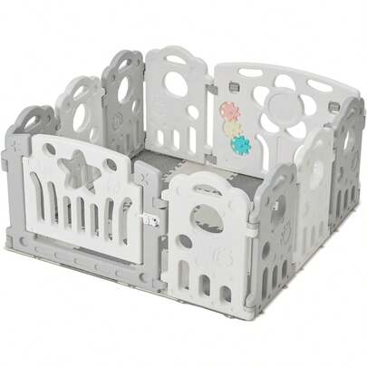 Shoze JF HOME BLISS Foldable Baby Playpen With Play Mats & Activity – 14 Panel Large Plastic Toddler Playpen, Indoor Outdoor Baby Protection Play Yard, Grey & White (Large (1.55 * 1.55m))