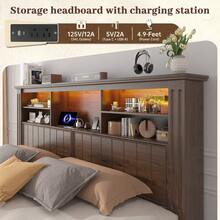 EnHomee Farmhouse Bed Frame With LED Lights And Charging Station Metal Platform Bed With 4 Drawers & Bookcase Headboard No Noise - Xem 3