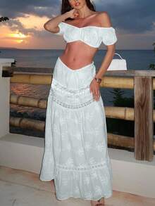 Gift Women's Maxi Dress Set Lace Bandeau Top Ruffle Skirt Two-Piece Beach Set Bohemian Miniskirt Resort Wear Party New Year Warm Thermal - 白色 - 查看 6