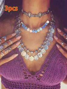 1 件复古硬币和流苏吊坠项链，波西米亚海滩风格，适合女性日常佩戴 - 銀色 - 查看 2