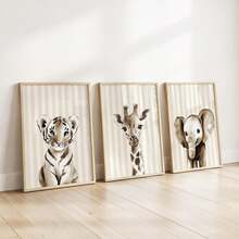 3pcs/Set, Canvas Wall Art, Framed Nursery Decor, Animal Wall Art For Kids' Room, Gray Nursery, Neutral Nursery, Giraffe, Elephant, Tiger, Animal Motifs, Playroom, Nursery Wall Decor, Gift For Expectant Mothers, Baby Room Decor - Multicolor - View 11