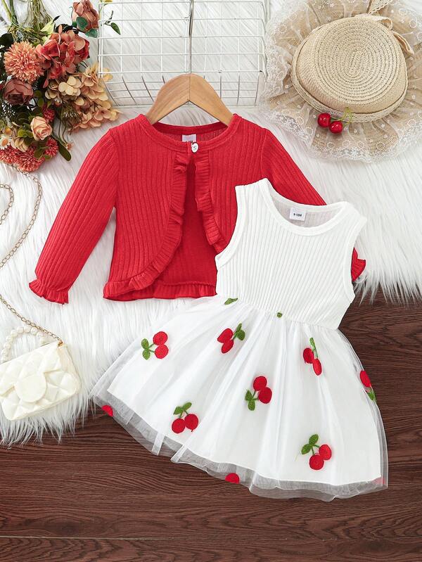 Conjunto de niña de cárdigan de punto de manga larga para primavera/otoño y falda de malla con bordado de cereza dulce sin mangas