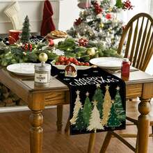 Chemin de table de Noël noir/vert/bleu/rose - Motif "Merry Christmas" Arbre de Noël en polyester lavable et réutilisable, convient pour la table des fêtes, la décoration de la maison, les célébrations saisonnières