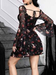 Women's Gothic Elegant Black Halloween Witch Mesh Print Long Sleeve Mini Dress With Square Neckline, Bell Sleeves, Fit And Flare Silhouette - Multicolor - View 7