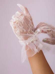 Sacina Gothic Imitation-Pearl White Gloves, Mesh Lace Bridal Gloves, Goth Y2k Lolita Accessories, Costume Accessories