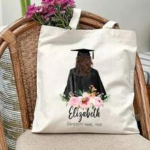 Personalized Graduation Canvas Tote Bag, Customizable Name And Details, Large Capacity, Durable, Simple Style, With Floral Design, Graduate - 1PC - View 3