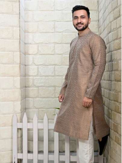 Estationeryhouse Men's Kurta Pyjama In Raw Silk Jacquard Work (Comes With White Pajama)