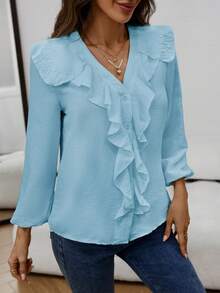 Women's Fashionable Elegant Casual Ruffle Trim V-Neck Long Sleeve Blouse, Spring/Autumn - Blue - View 3