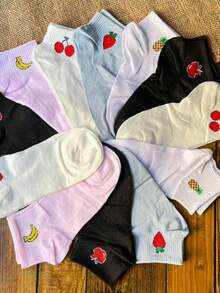 Kit 12 Pares Meia De Fruta Estampadas Cano Curto Soquete Algodão Moda Feminina - Multicolorido - Visão 3