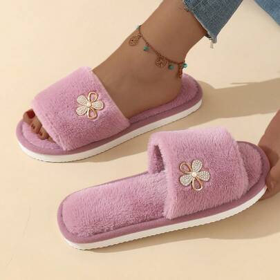 Women's Fluffy Floral Open-Toe Slippers, Warm Cotton Lining, Soft Bottom, Indoor Home/Office Wear, All Season