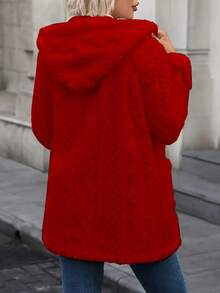 Long Solid Color Diamond Pattern Front Button Pocket Hooded Cardigan, Everyday Winter - Red - View 2