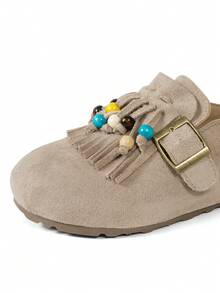 女士新款厚底鞋，牛津鞋款式，厚底高跟，休闲套脚鞋，包头设计，流苏串珠装饰，舒适百搭，适合户外旅行、休闲场合和居家穿着。 - 卡其色 - 查看 9