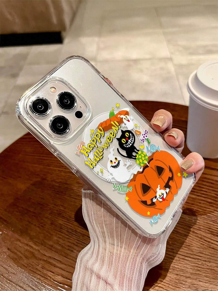 1 pièce Étui de téléphone transparent anti-chute avec charge sans fil magnétique, motif citrouille et fantôme de dessin animé d'Halloween. Matériau doux + dur, convient comme cadeau de fête pour iPhone 15 16 Pro/Pro Max/14 15 16 Plus. Anti-traces de doigts et résistant aux rayures, finition mate claire, pour hommes et femmes