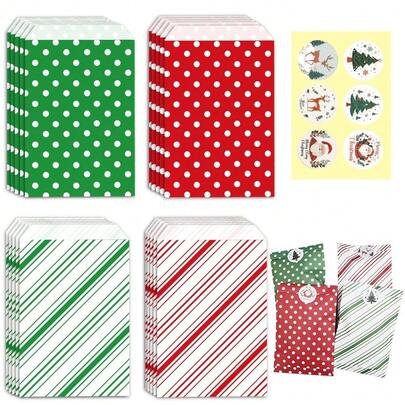 24 piezas Bolsas de caramelos navideños, bolsas a lunares para fiestas, bolsas a rayas verdes y rojas con pegatinas