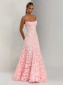 Elegant Off-The-Shoulder Jacquard Lace Strap Dress, Waist Tie, Graceful Evening Gown - Hồng - Xem 1