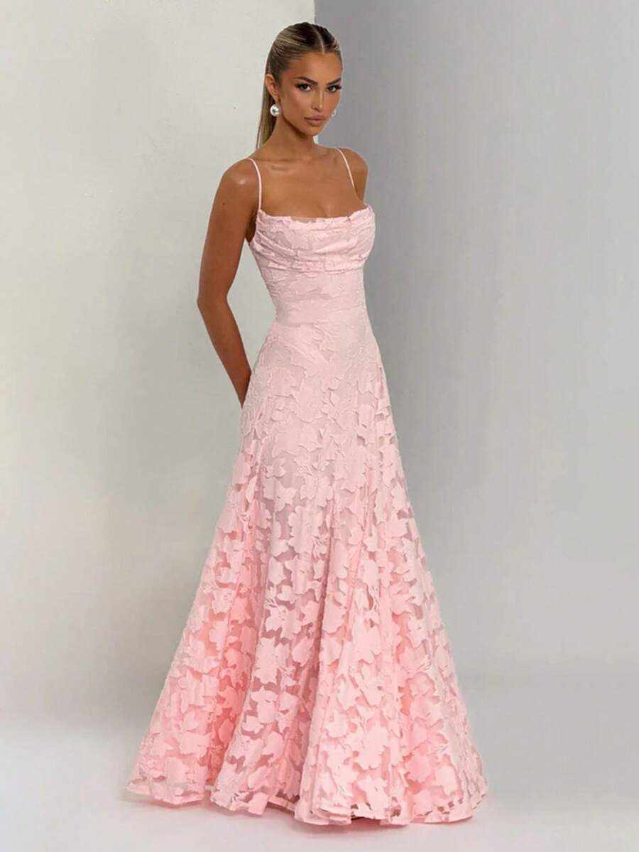 Elegant Off-The-Shoulder Jacquard Lace Strap Dress, Waist Tie, Graceful Evening Gown - Hồng - Xem 1