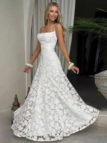 Elegant Off-The-Shoulder Jacquard Lace Strap Dress, Waist Tie, Graceful Evening Gown - 白色 - 查看 1